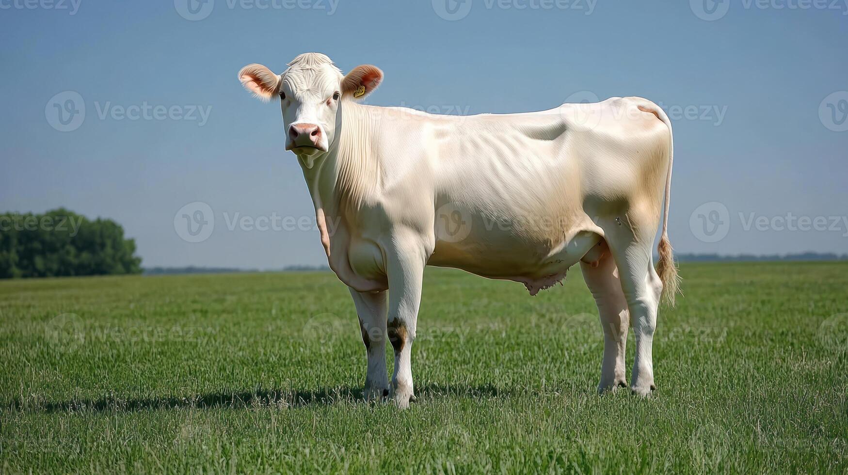 A light cream colored cow standing calmly in a green field photo