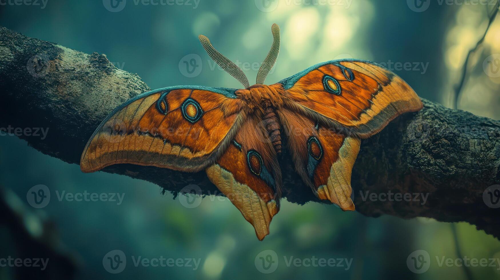 A colorful moth rests upon a tree branch within its habitat photo