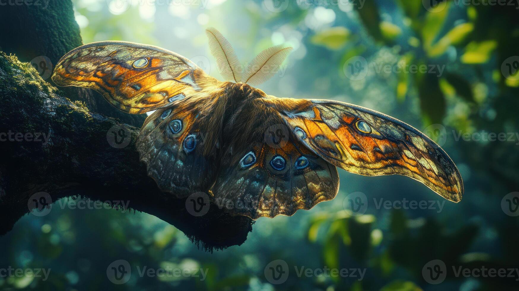 A detailed image shows a beautiful moth perched on a branch photo