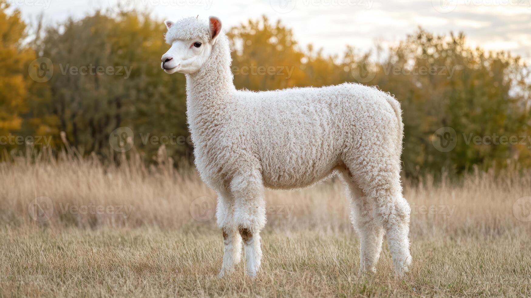 A fluffy white alpaca standing gracefully in a grassy field setting photo