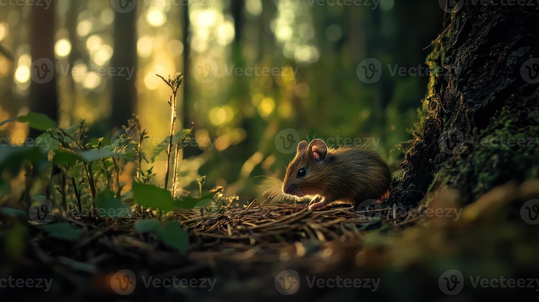 A small field mouse is in a lush forest scene photo