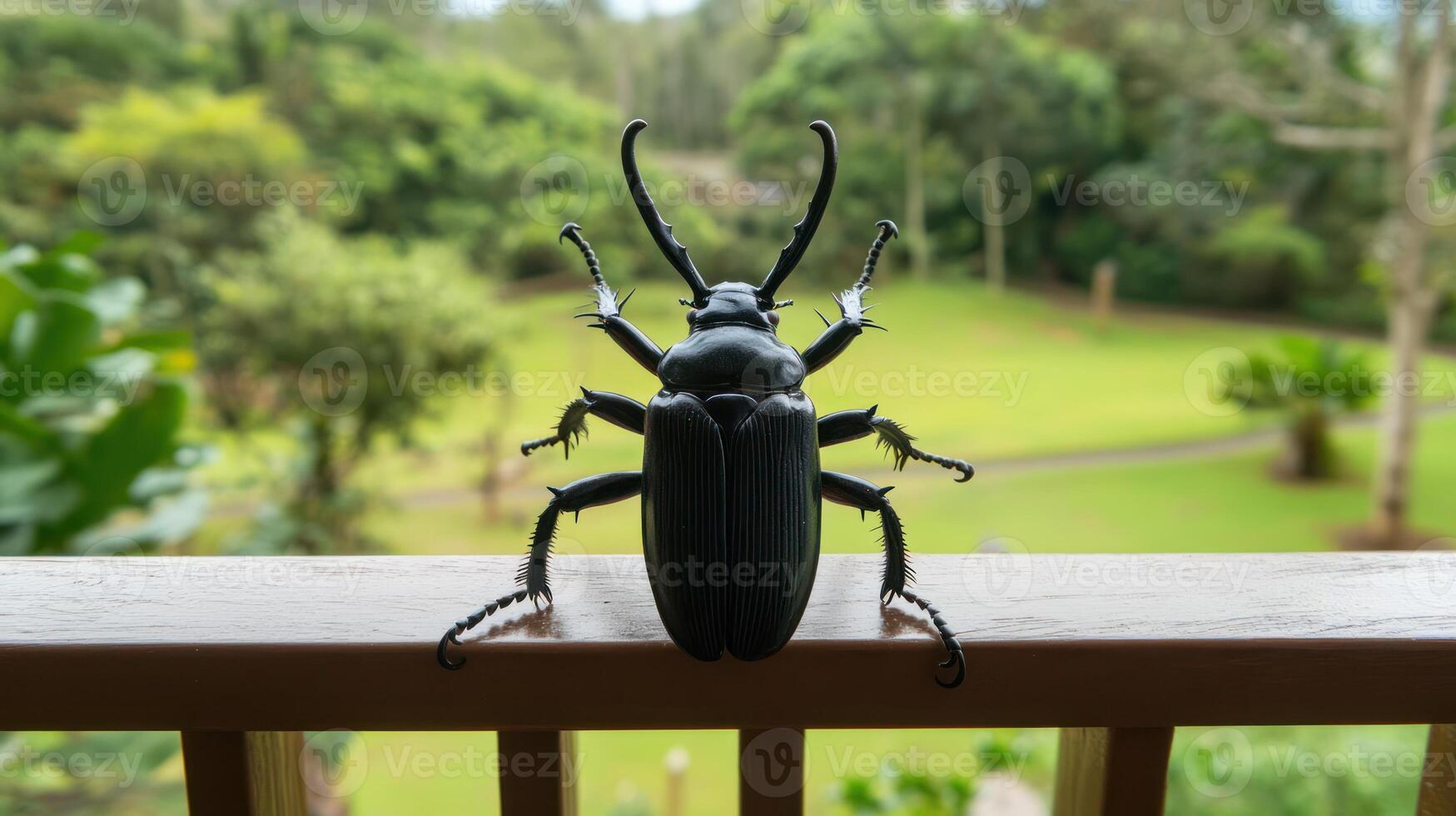 A Large Black Insect Posing on a Wooden Railing Outside photo
