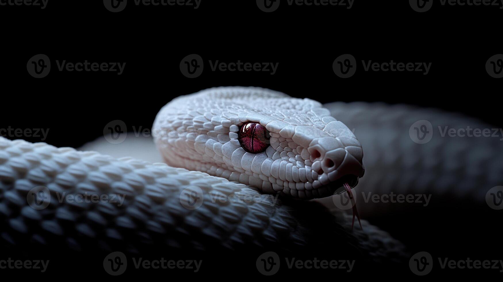 A close up portrait of a white snake in the dark photo