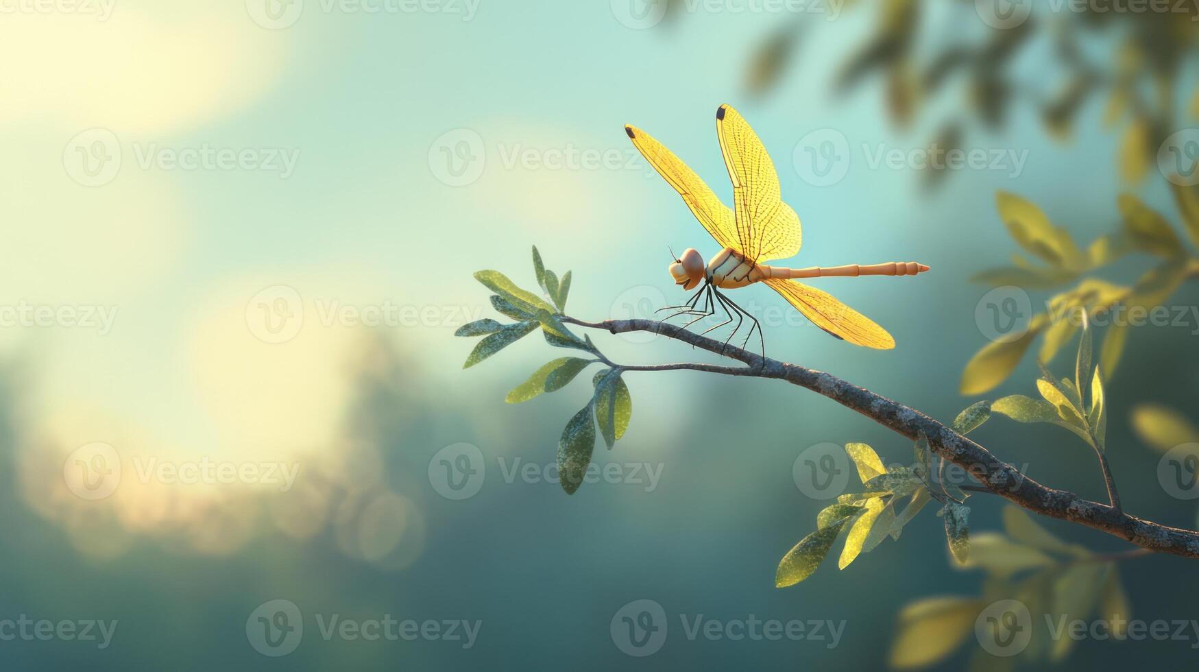 A yellow dragonfly rests gently on a leafy tree branch photo