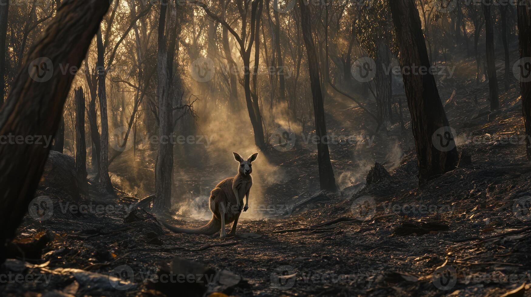 A kangaroo stands within a smoke filled and burned forest environment photo