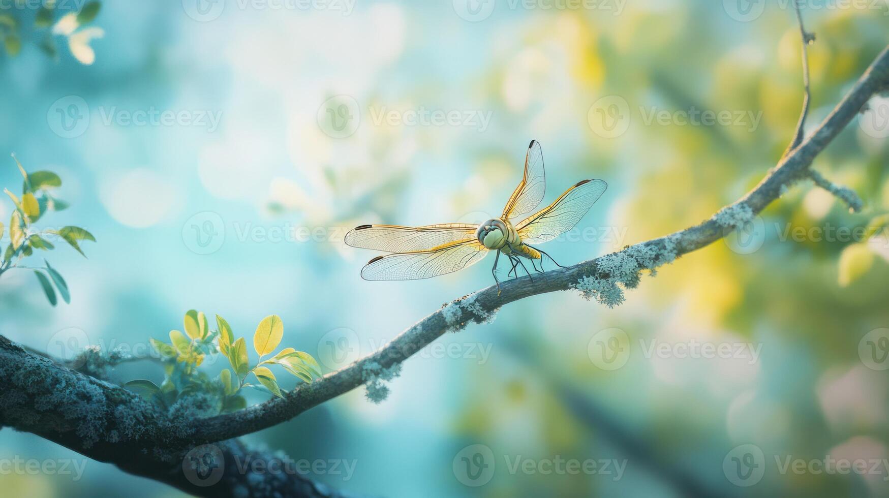 A beautiful dragonfly is resting on a small tree branch photo