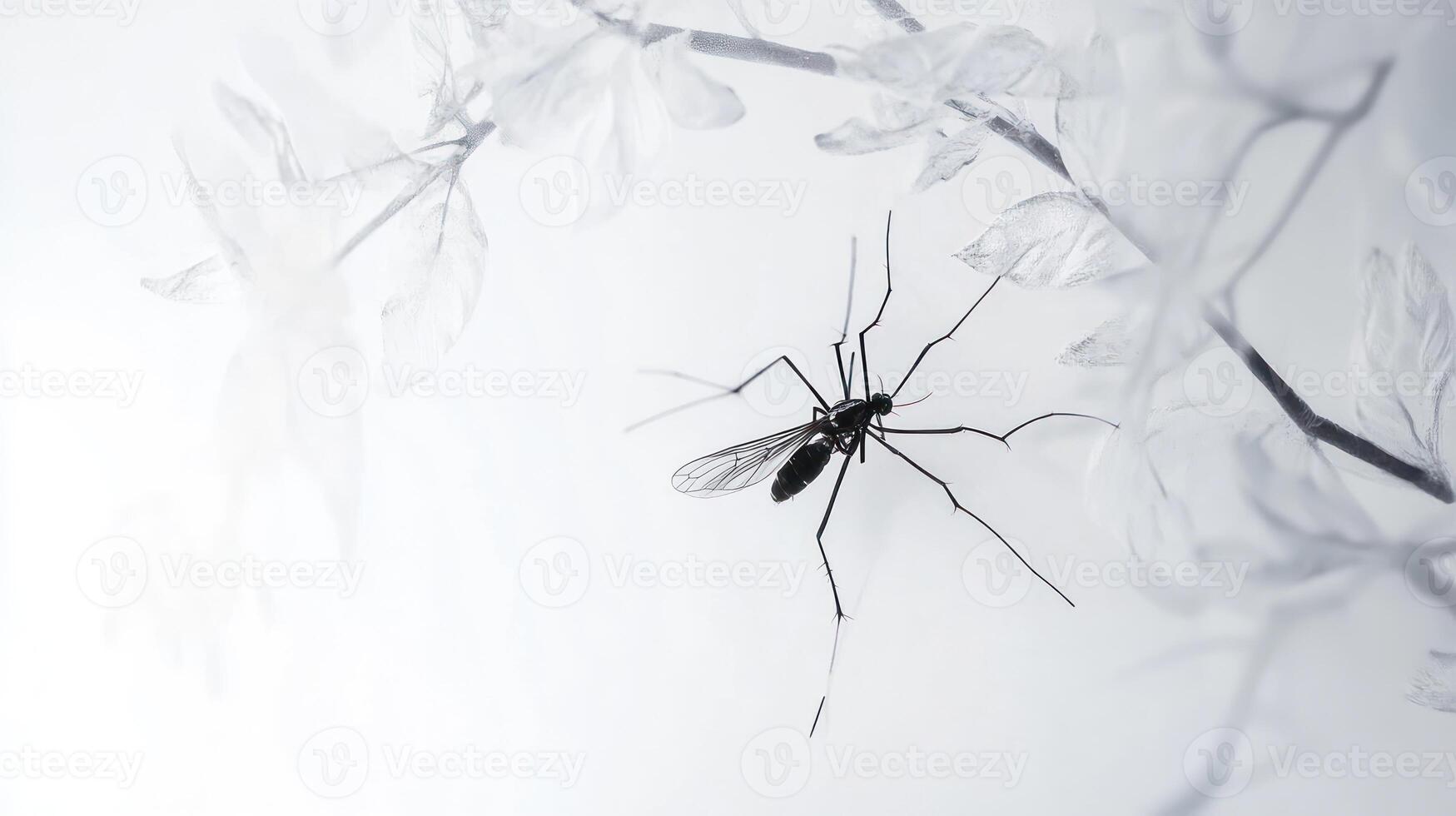 An insect rests near delicate leaves in a soft white atmosphere photo