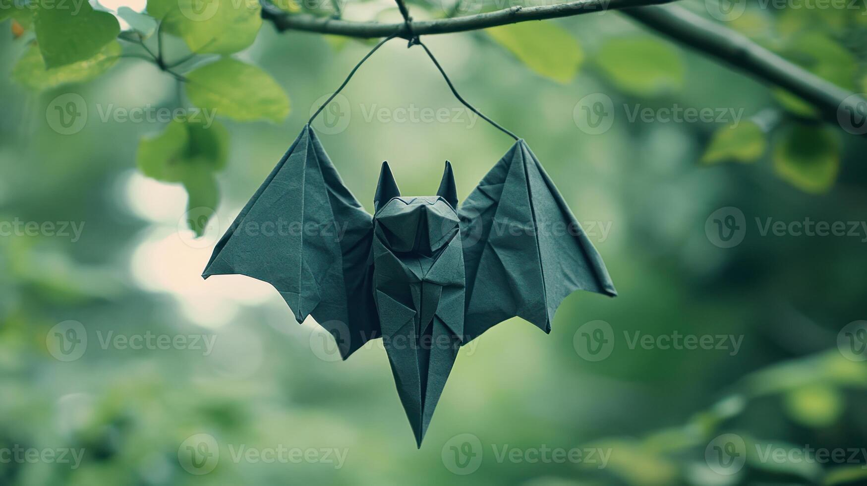 A folded paper bat hangs gracefully from a green tree branch photo