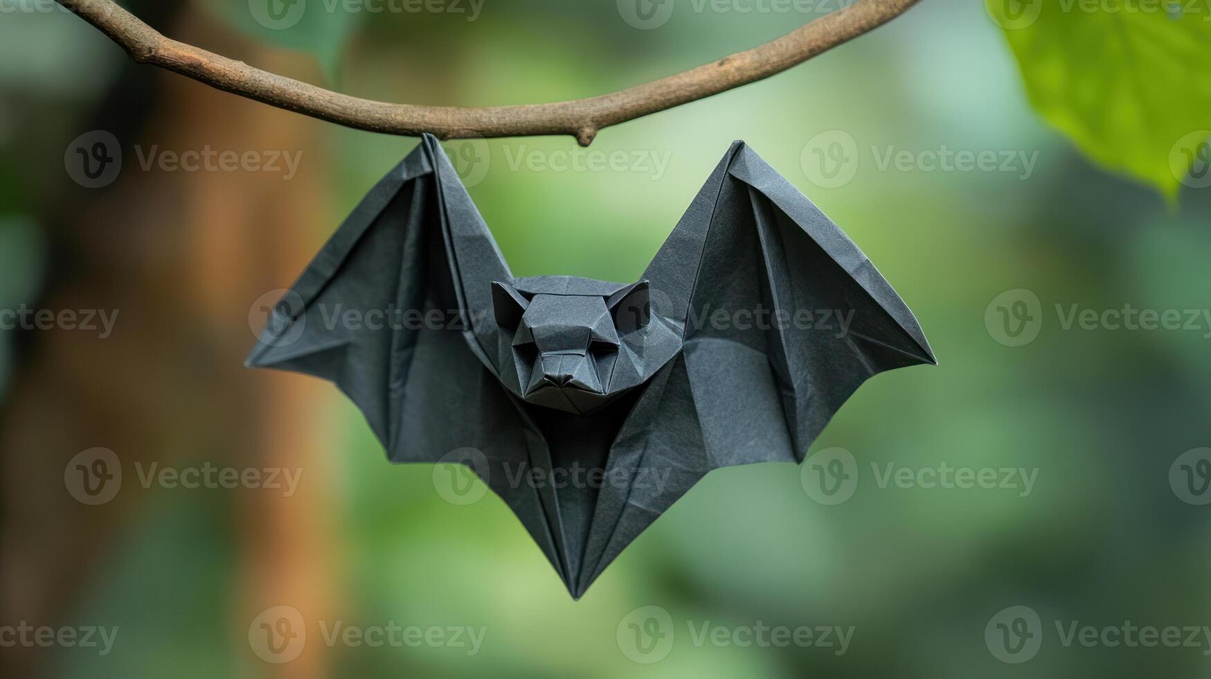 A dark paper origami bat hangs from a thin wooden branch photo