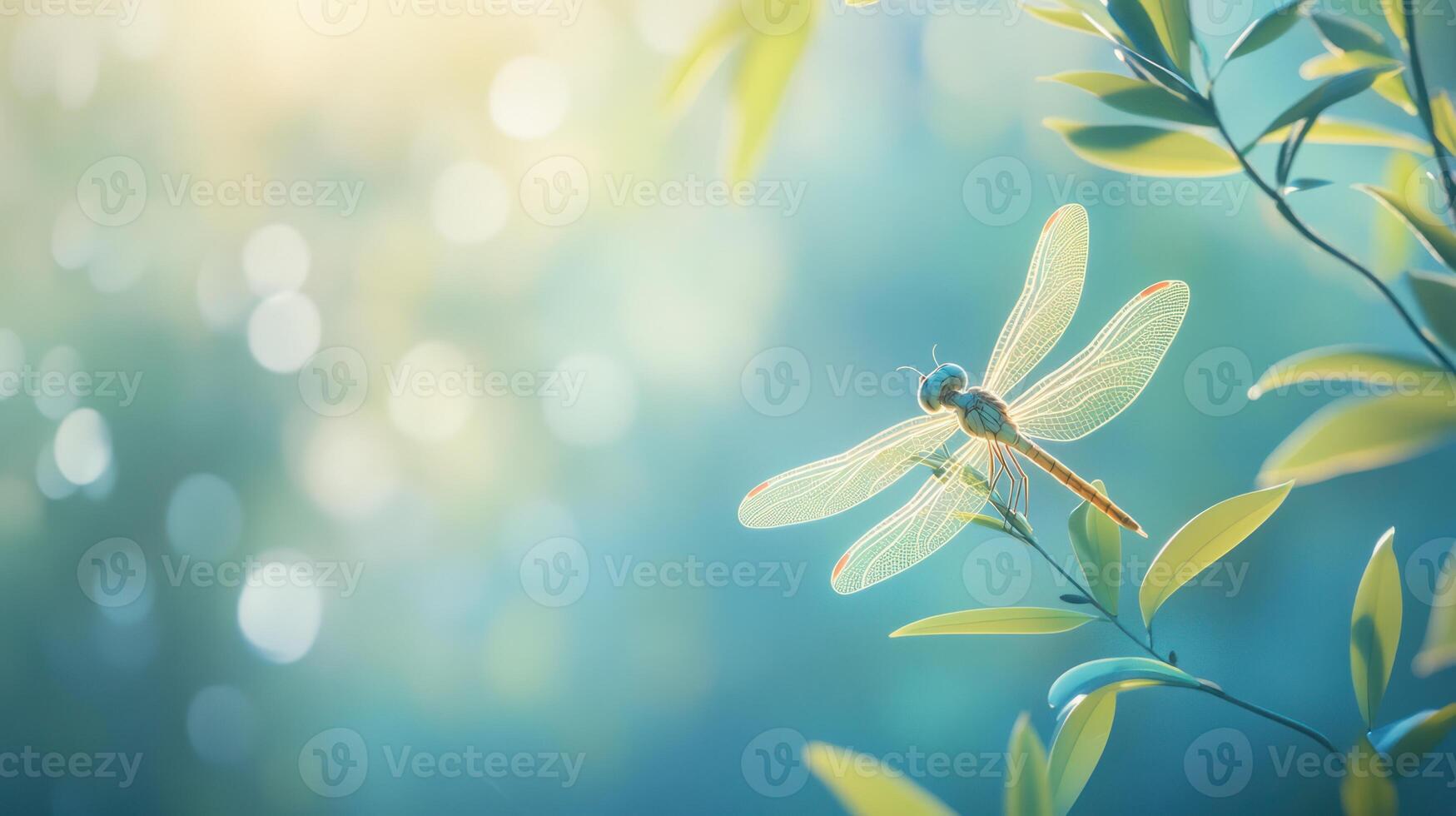 A beautiful dragonfly rests on leaves illuminated by gentle sunlight photo