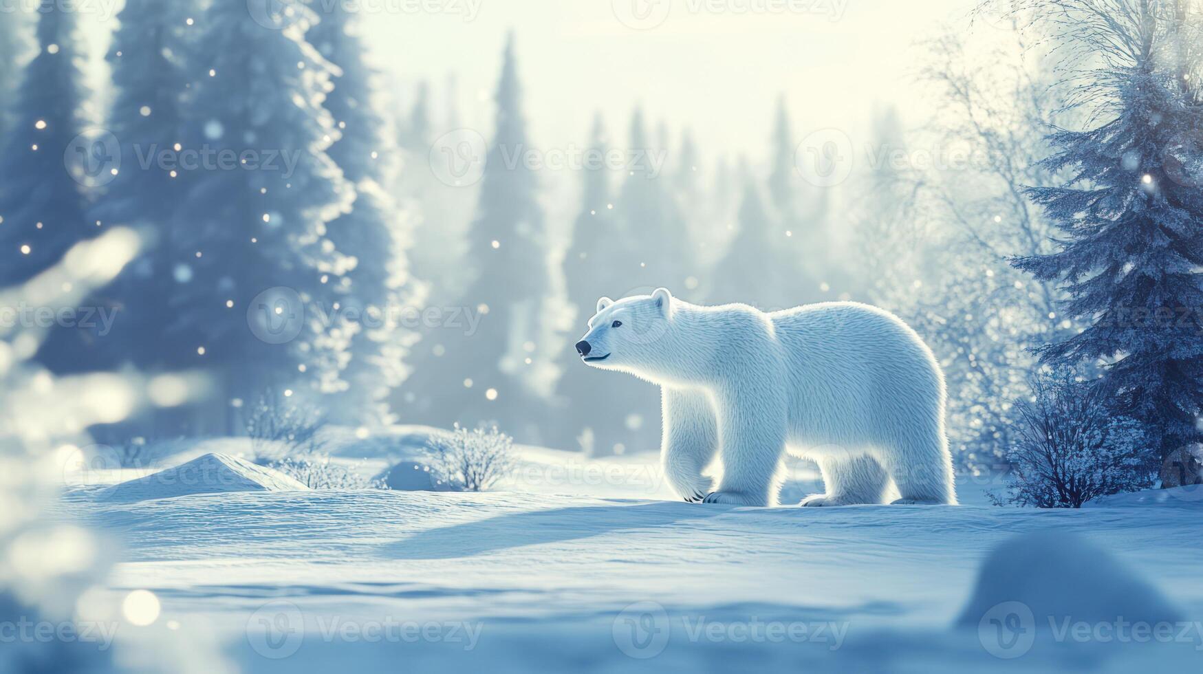 A majestic white polar bear walking through the snowy forest landscape photo