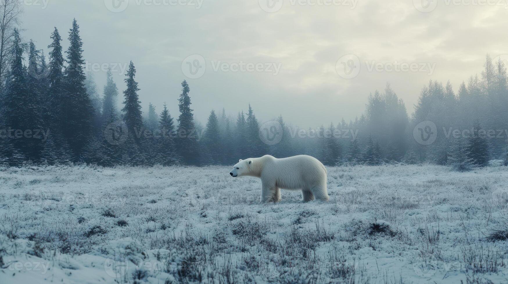 A solitary polar bear stands in a snowy misty forest landscape photo