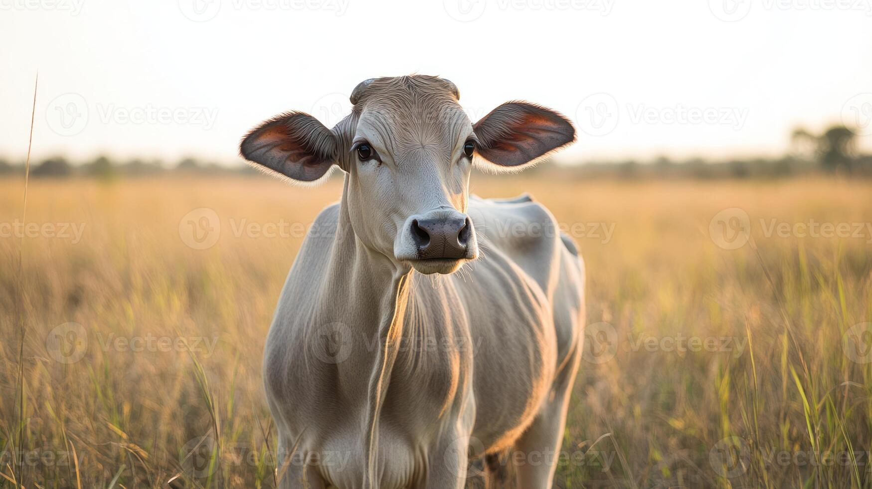 A Young Calf Standing Calmly In A Grassy Open Field photo