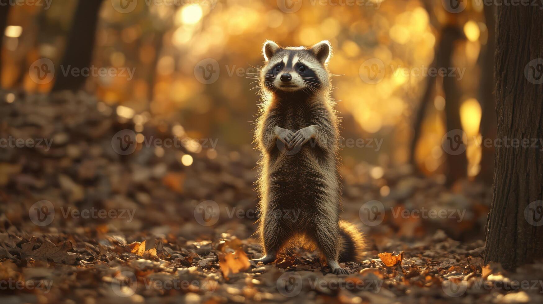 A cute raccoon standing upright in a beautiful autumn forest photo