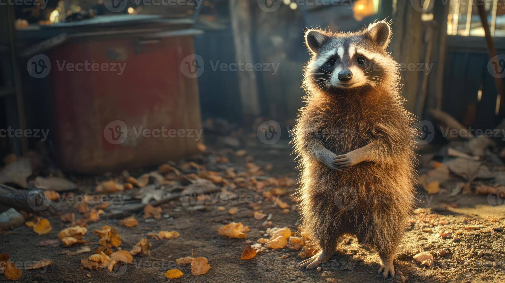 An adorable raccoon standing upright with its paws folded in front photo