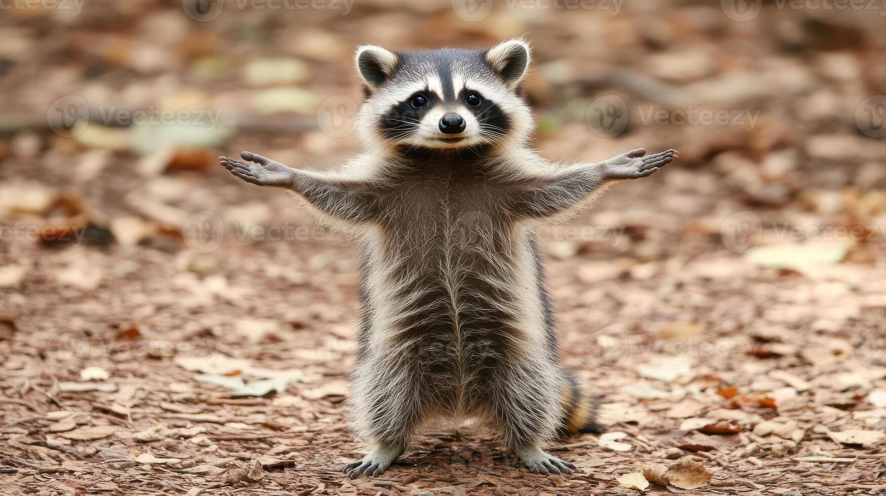 An adorable raccoon stands with its arms open and welcoming you photo