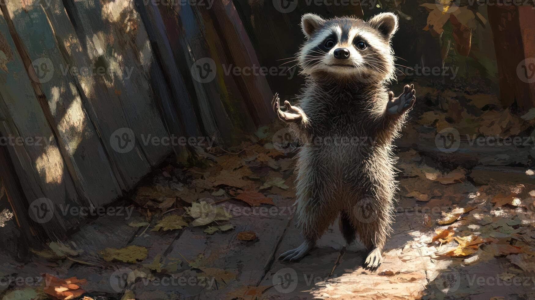 A cute raccoon standing with arms open looking forward at the viewer photo