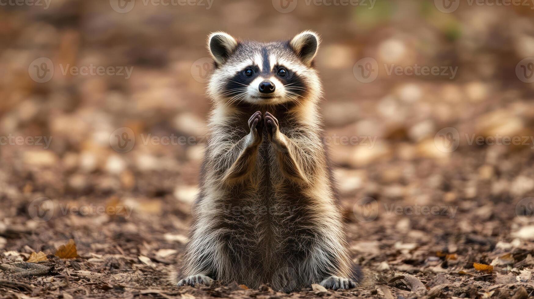 A Cute Raccoon Standing Upright with its Paws Together photo