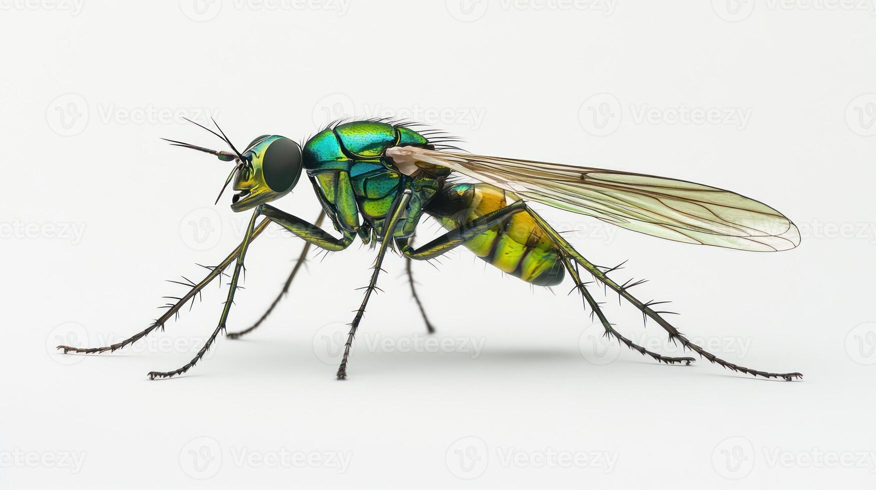 A detailed macro photograph of a colorful insect specimen on white photo