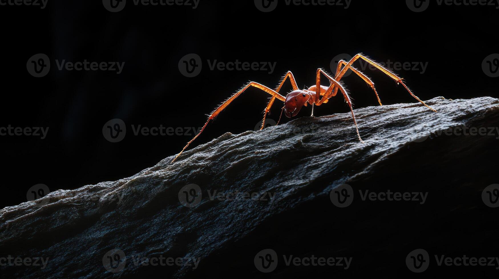 A Single Red Ant Is Posing On A Rough Textured Rock photo