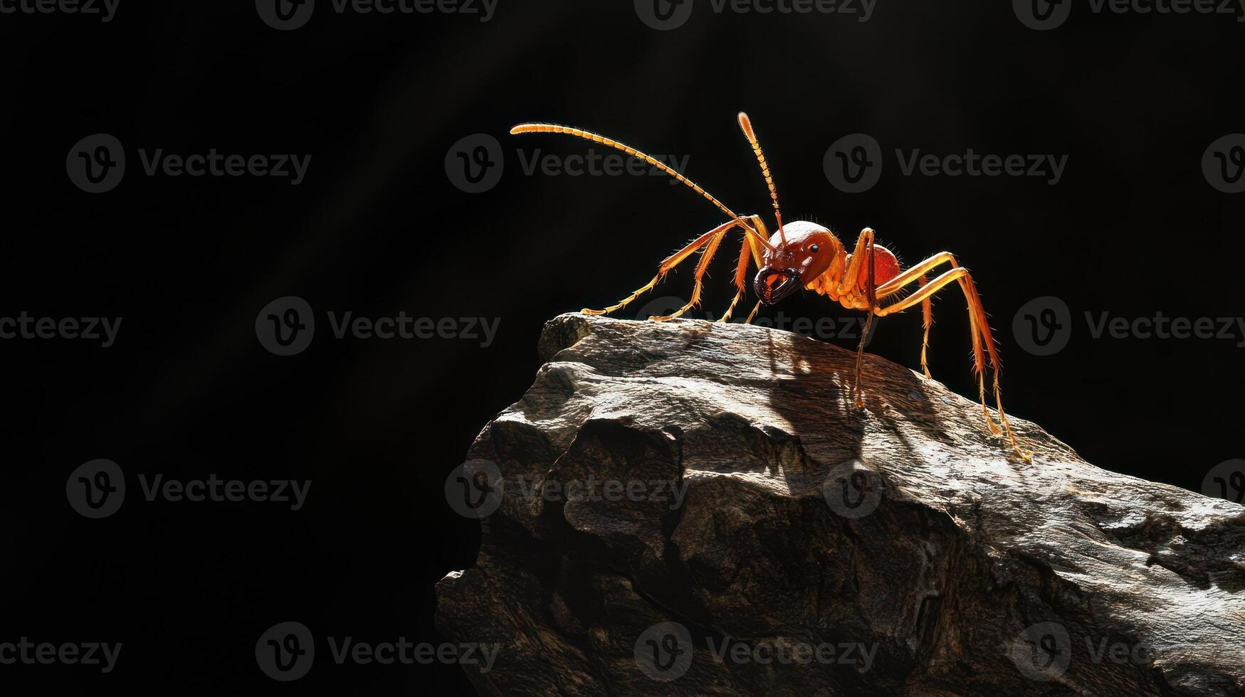 A detailed image showing a red ant resting on a piece of wood photo