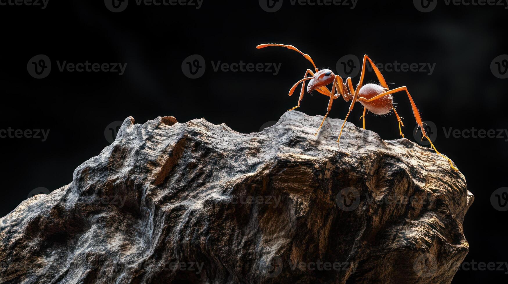 An orange ant is perched on a detailed textured rock surface photo