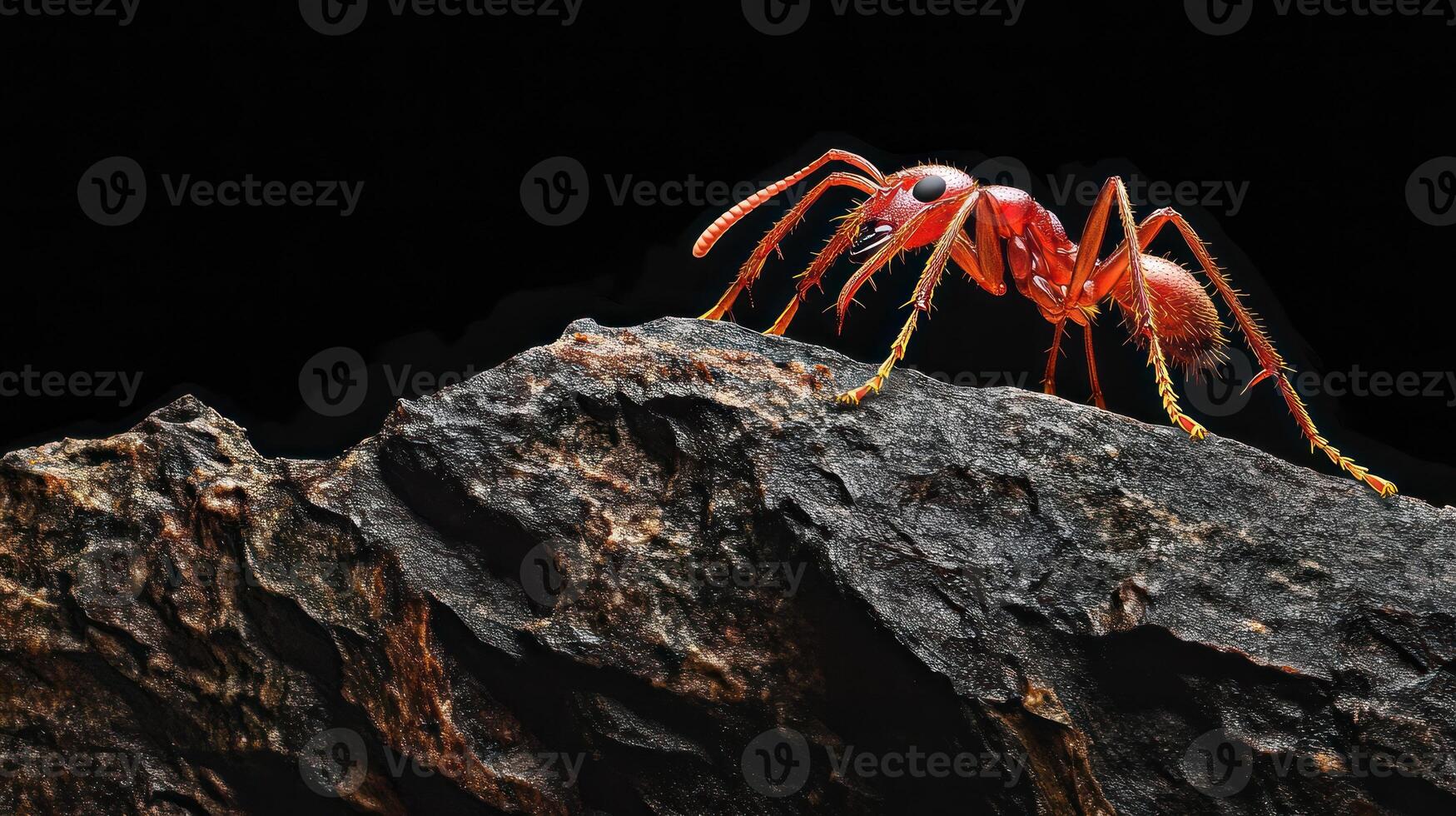 A Macro Photograph Depicts a Red Ant on a Textured Rock Surface photo