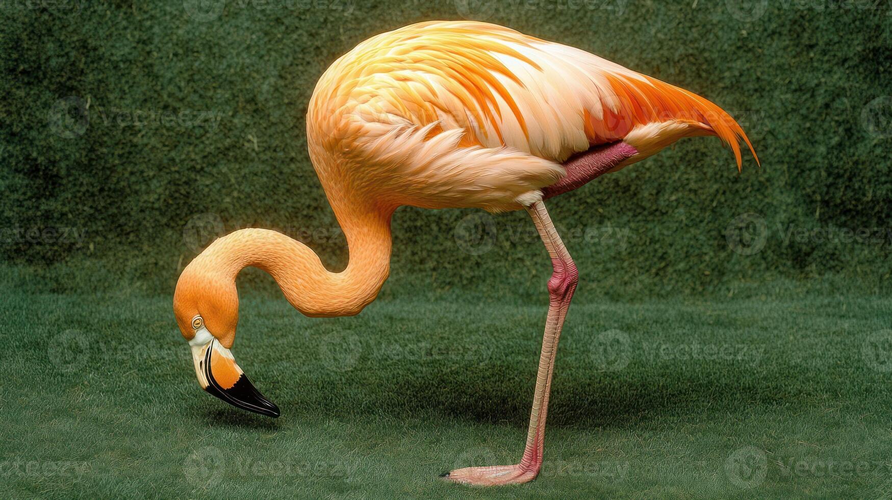 A tall flamingo stands gracefully with its head reaching downward photo