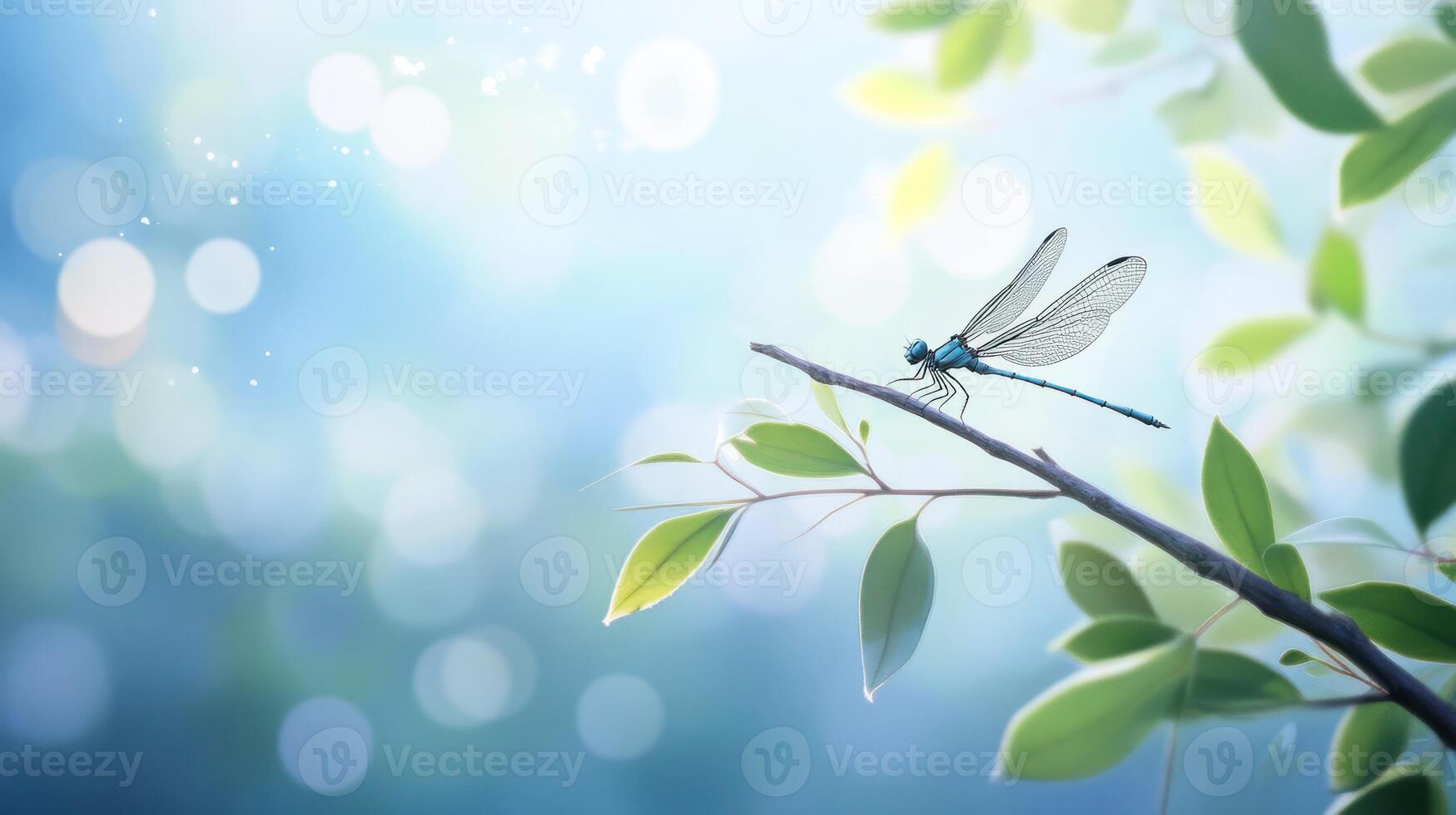A beautiful dragonfly rests on a branch amidst the foliage photo