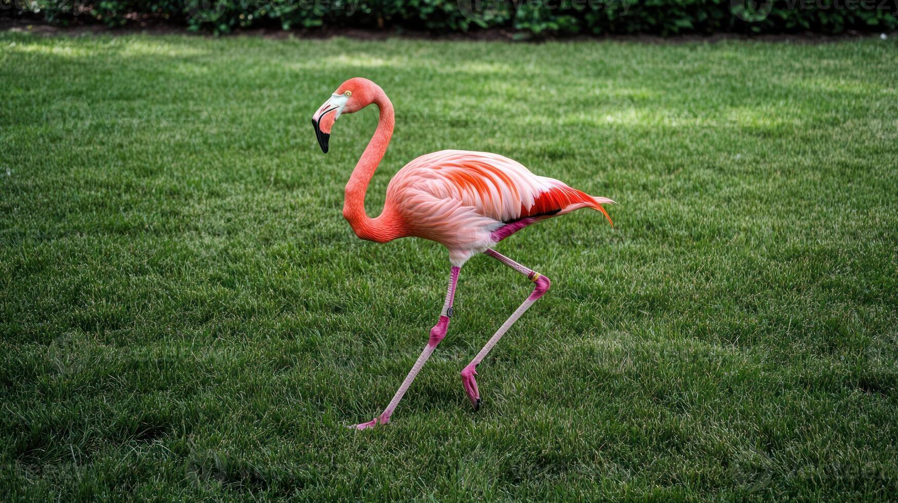 A single flamingo walking slowly on lush green grassy ground photo