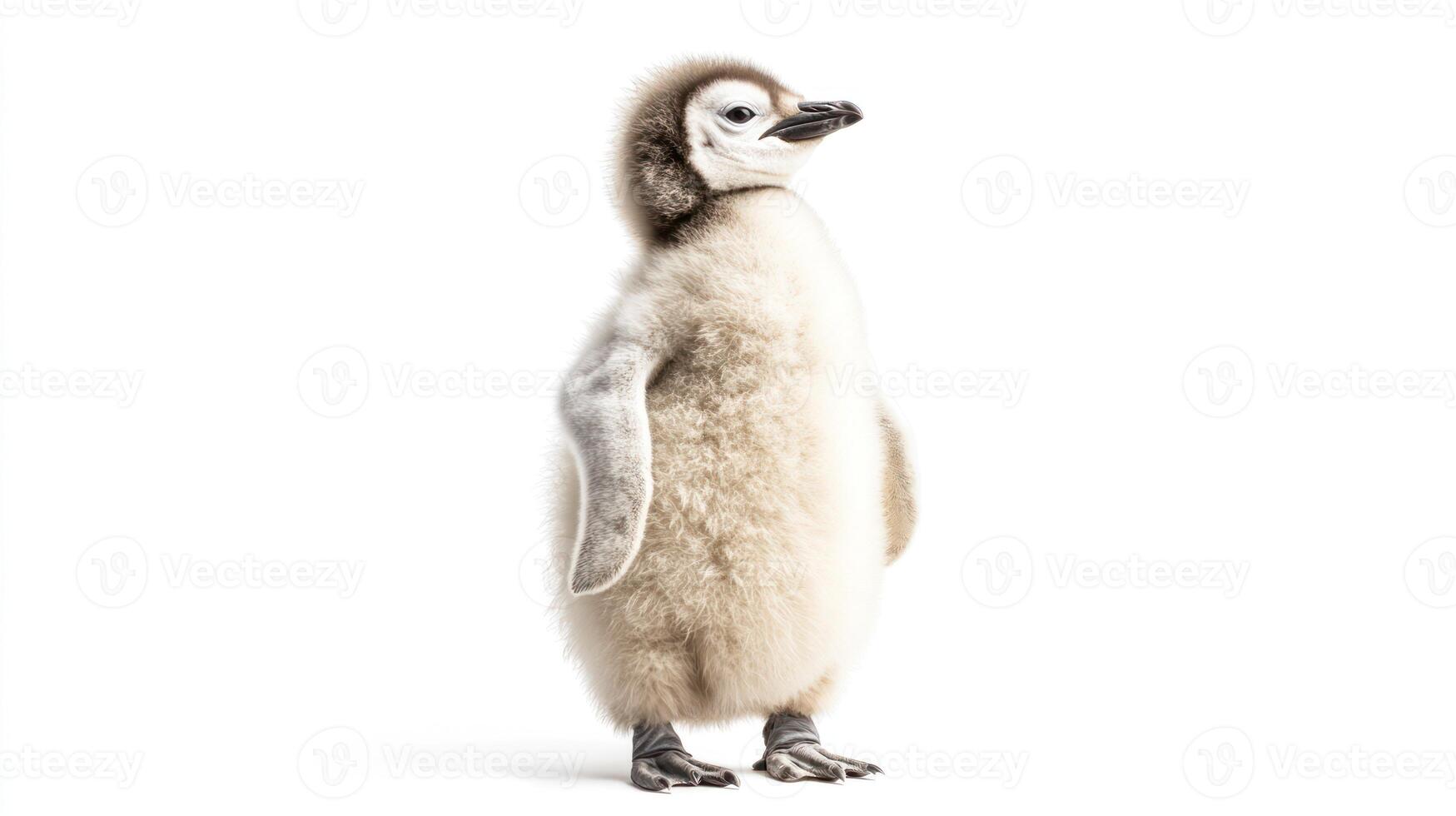A fluffy and curious young penguin bird standing on white backdrop photo