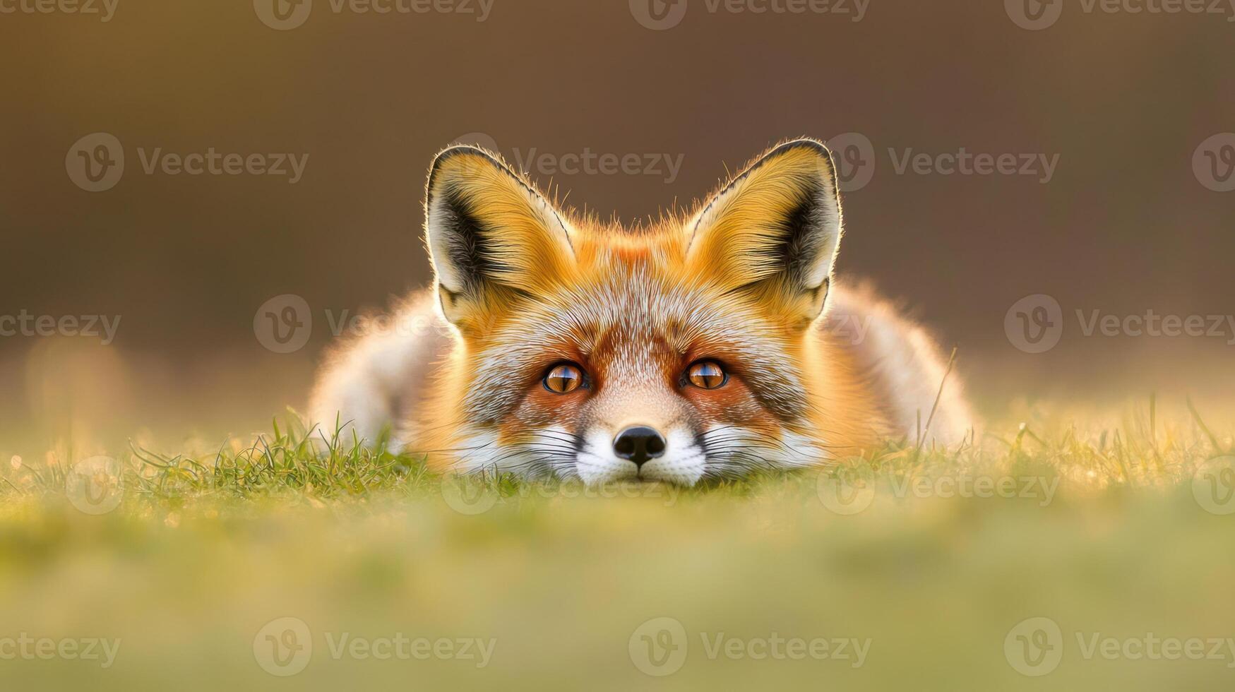 A beautiful fox resting in the grass in the sunlight photo