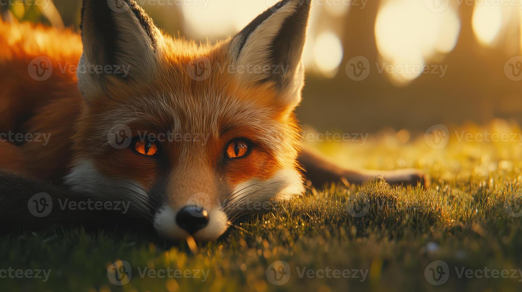 A majestic fox with captivating eyes resting on green grass photo