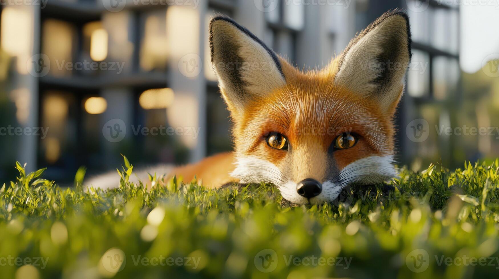 A close up image of a fox resting in the grass photo