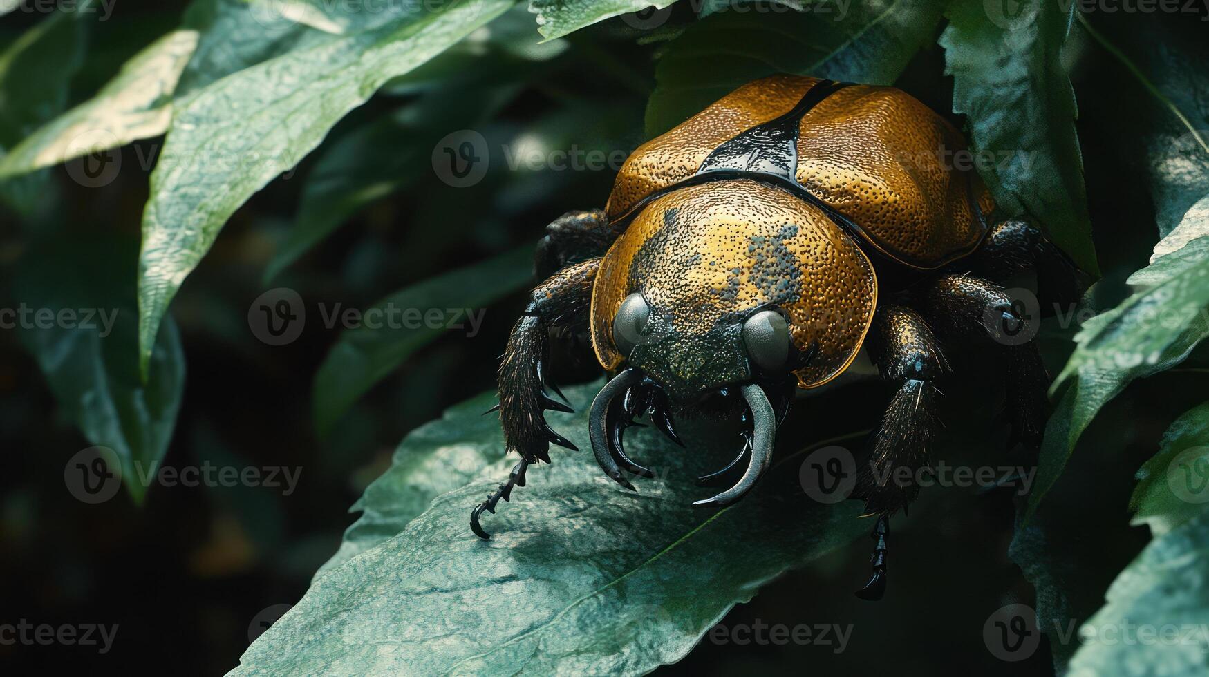 A detailed macro view of a large insect on green leaves photo