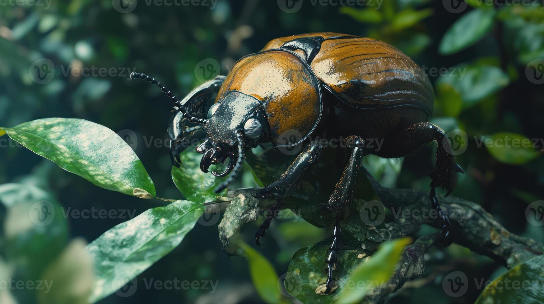 A detailed image of a beetle sitting on a green leaf photo