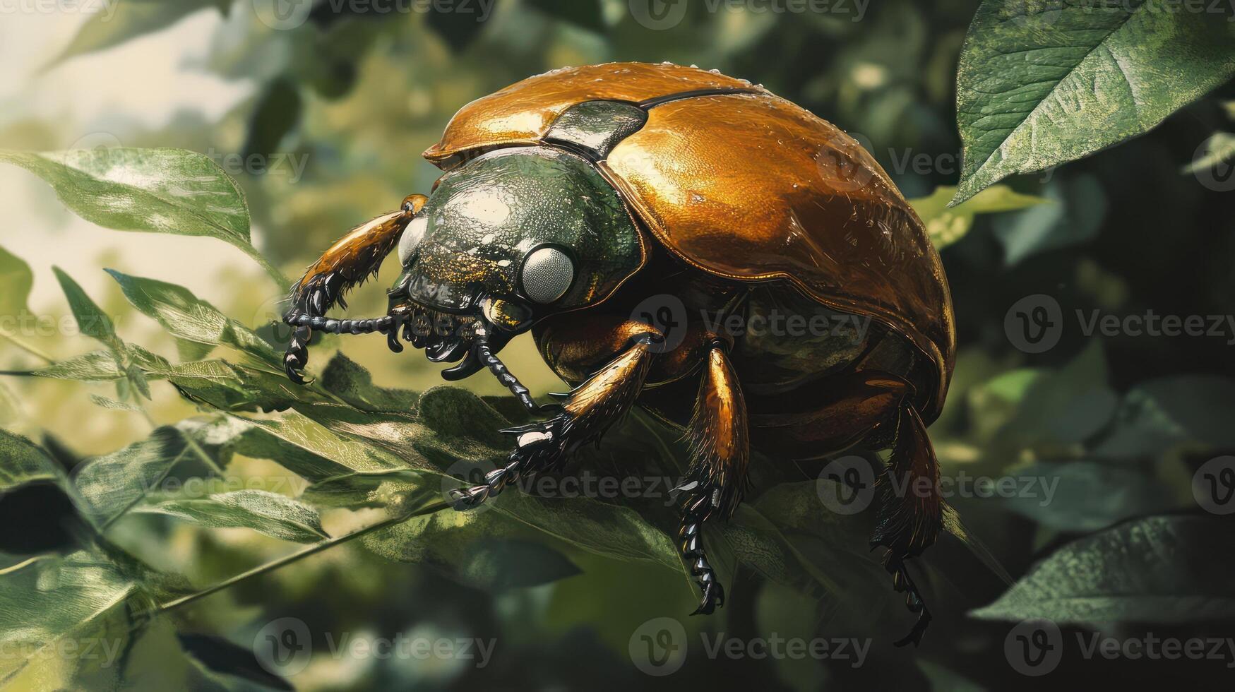 A detailed close up of a large colorful beetle on a leaf photo