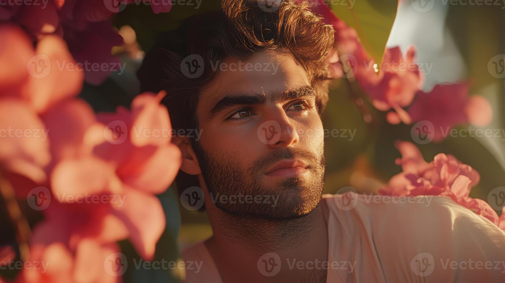 A handsome man poses in nature with flowers surrounding him photo