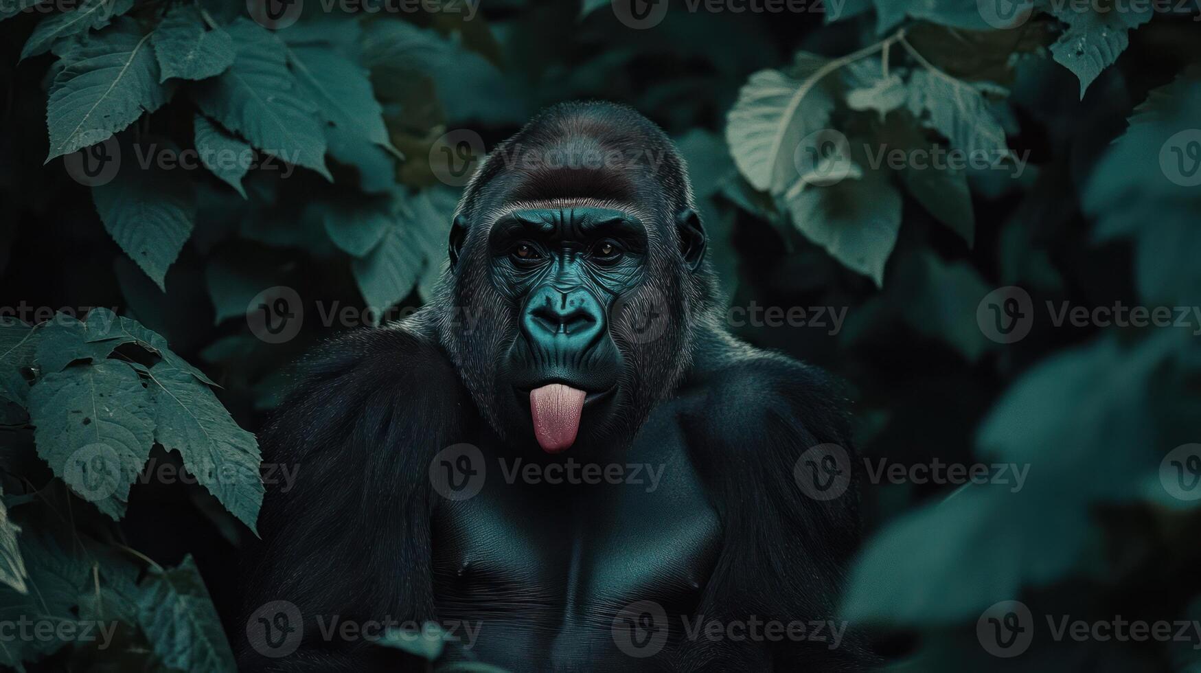 A primate with its tongue sticking out surrounded by foliage photo
