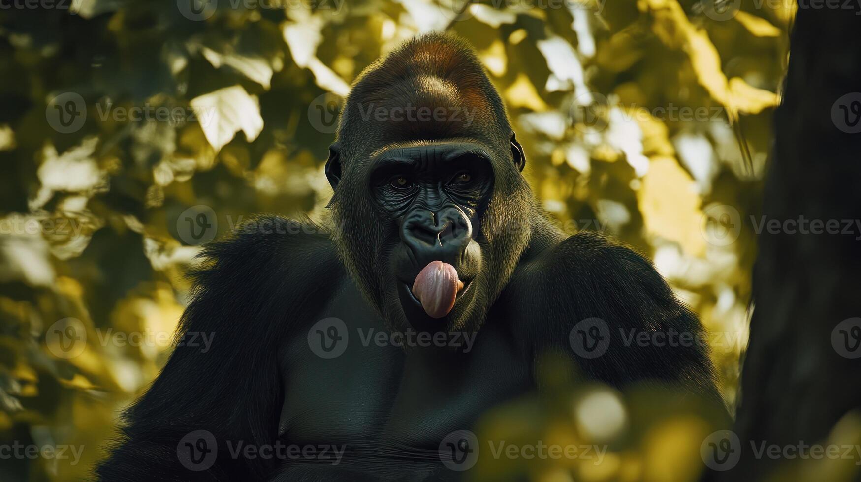 A large primate sticks its tongue out playfully for the viewer photo