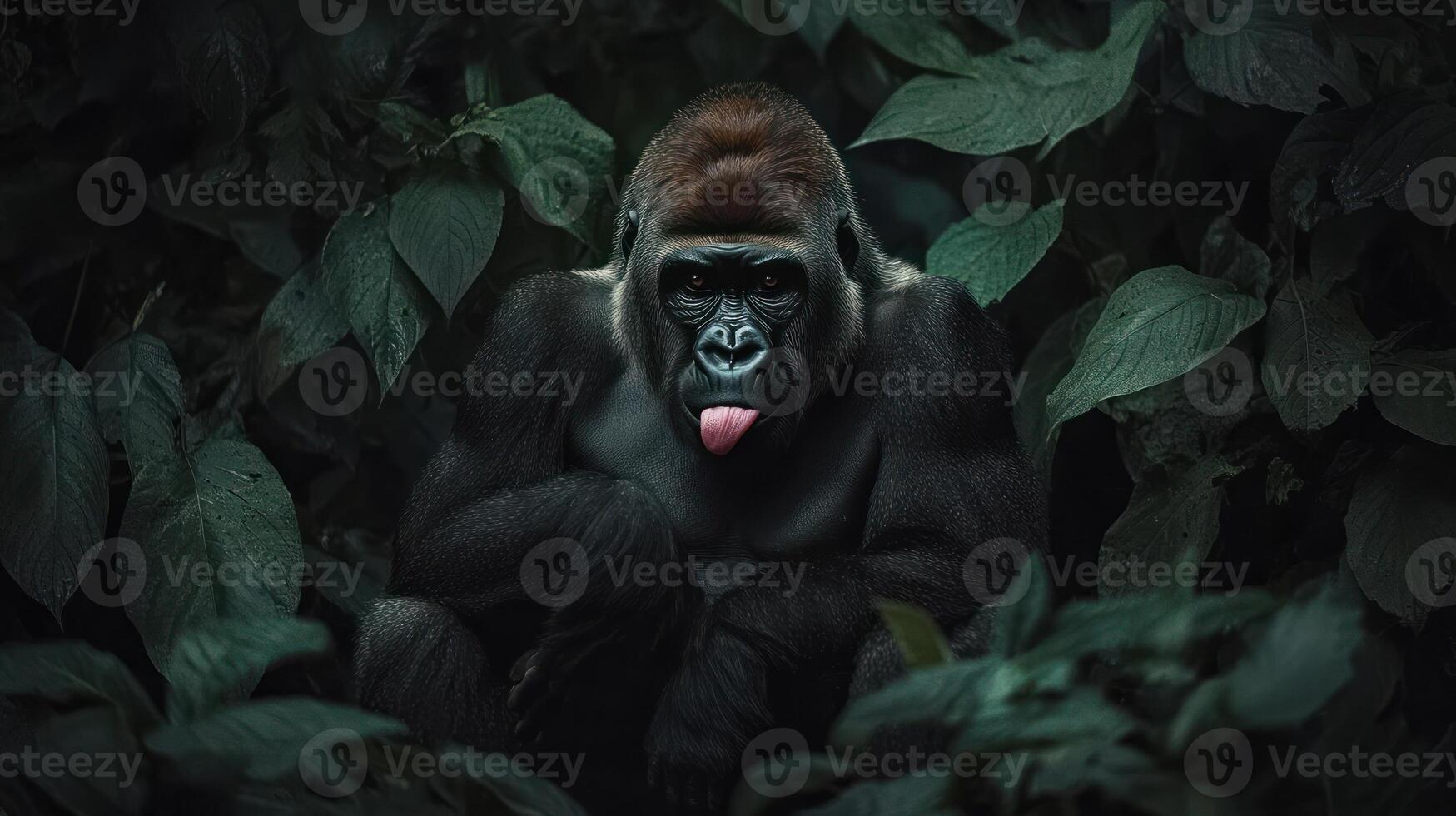 A large gorilla sitting with his tongue sticking out playfully photo