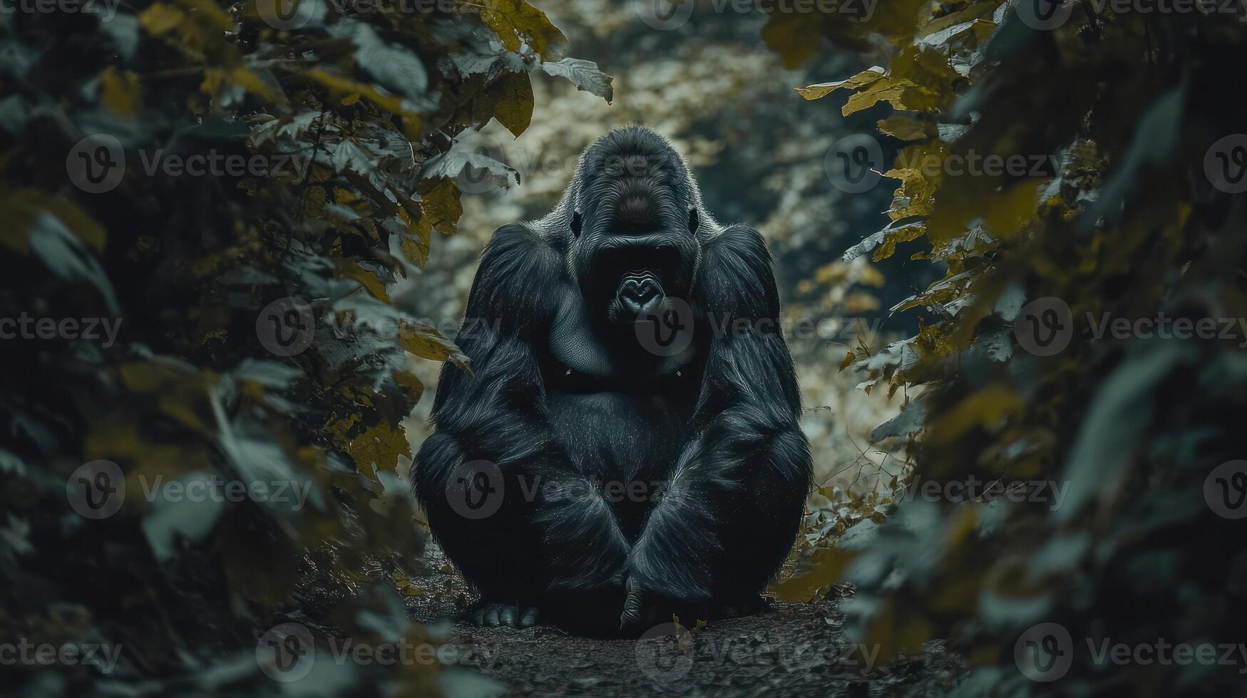 A large gorilla seated in the forest looking directly forward photo