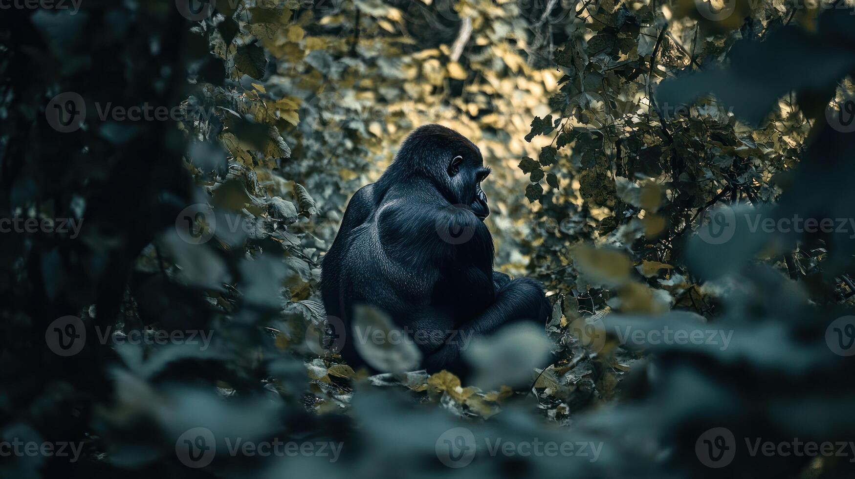 A gorilla sits alone and contemplates within lush forest foliage photo