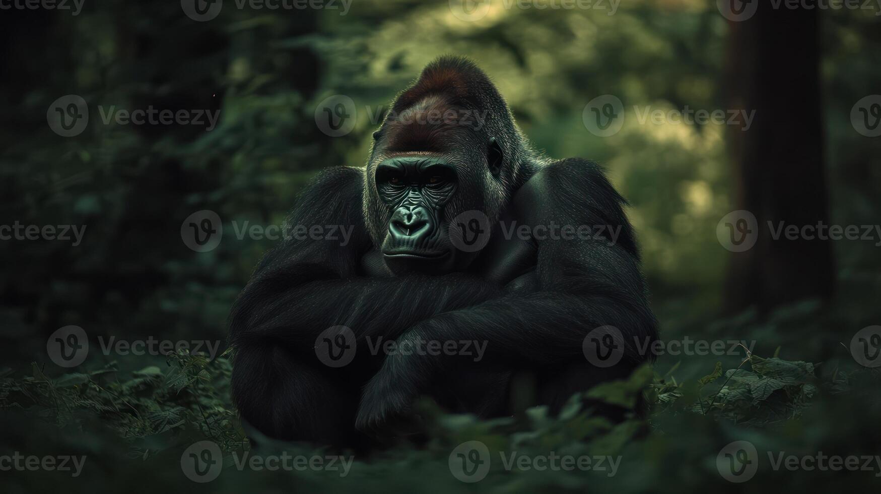 A large gorilla is sitting calmly in a dense forest setting photo