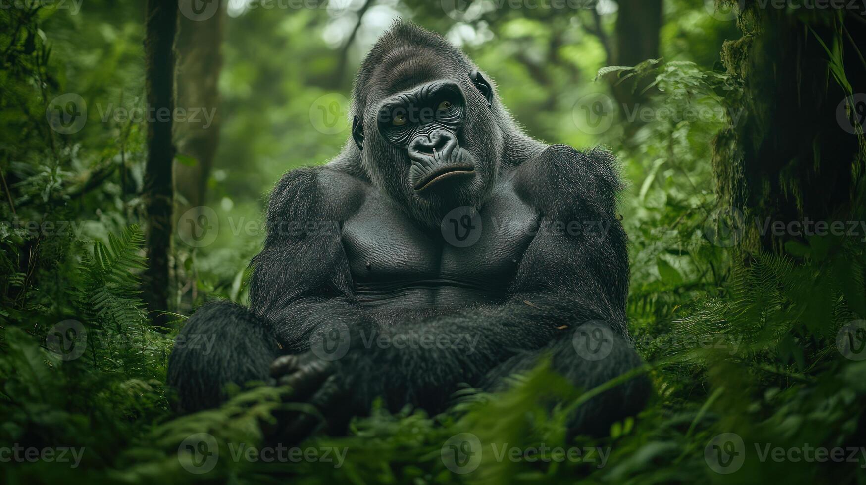 A majestic gorilla sits calmly within a lush green forest photo