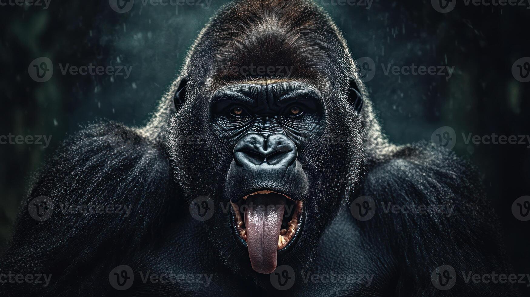 A close up portrait shows a dominant gorilla with open mouth photo