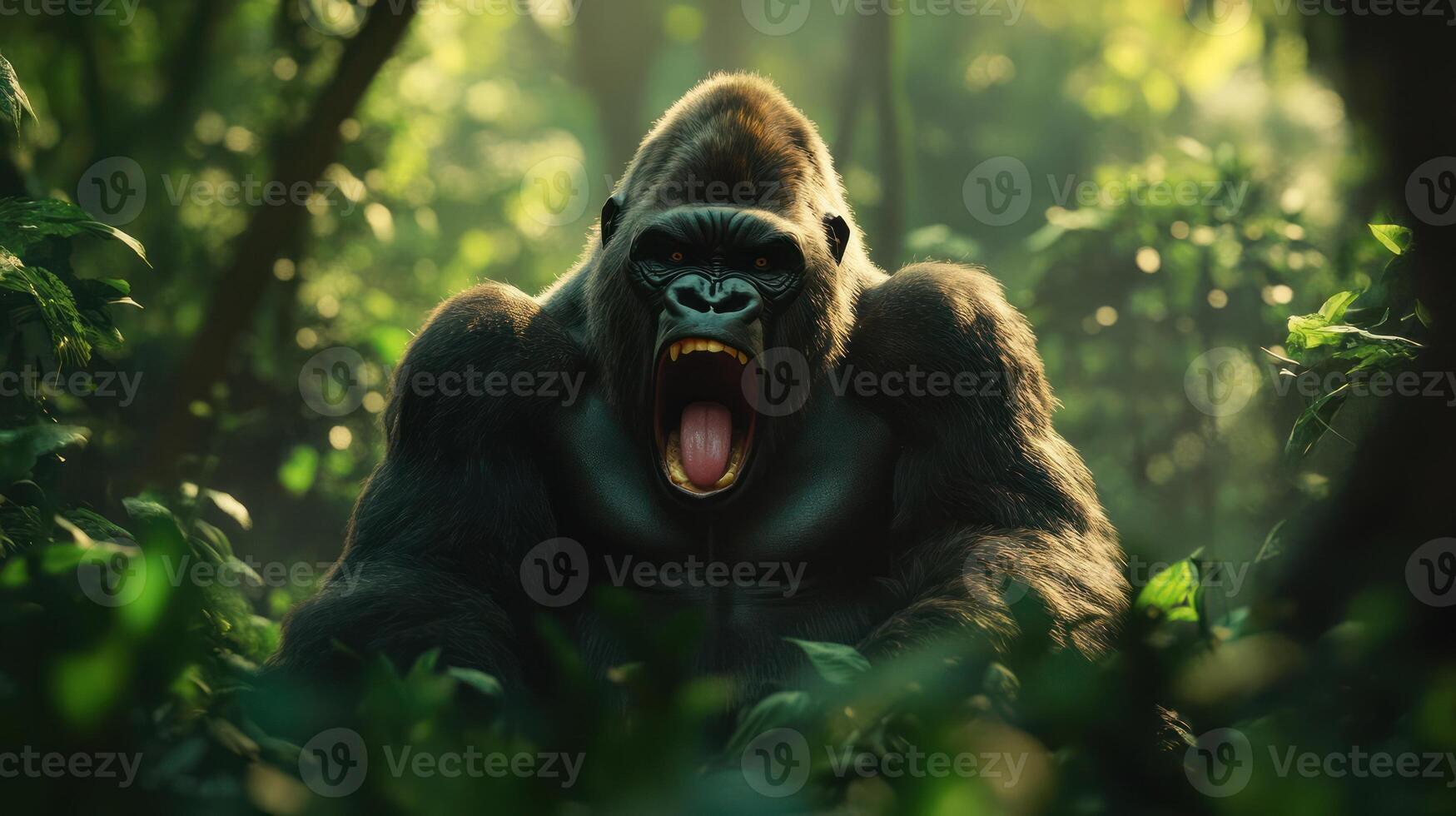 A large gorilla roars loudly in the dense green forest habitat photo