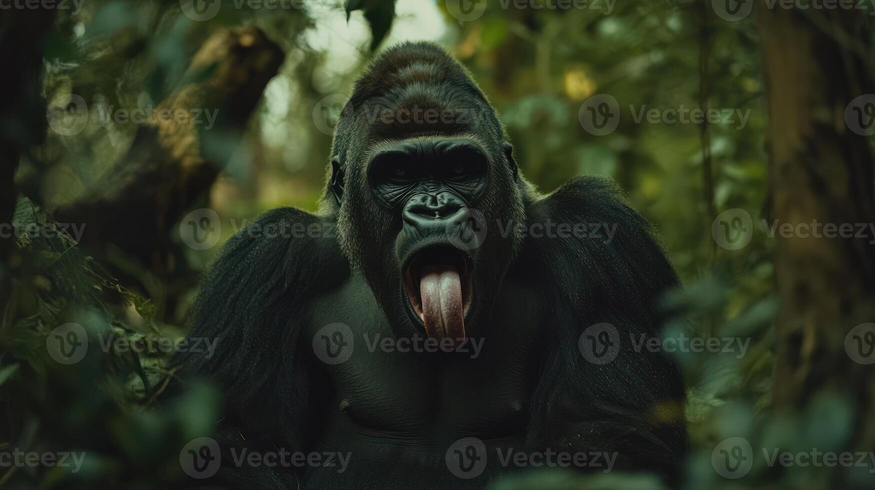 A large gorilla with its tongue extended in a green forest photo