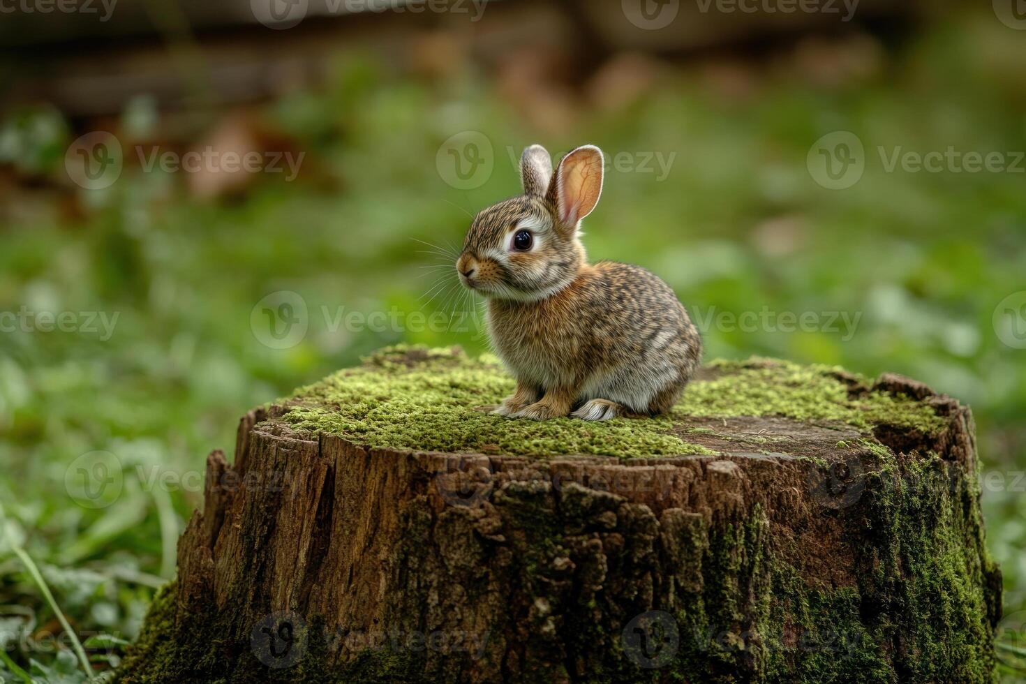A small rabbit sitting on top of a stump photo