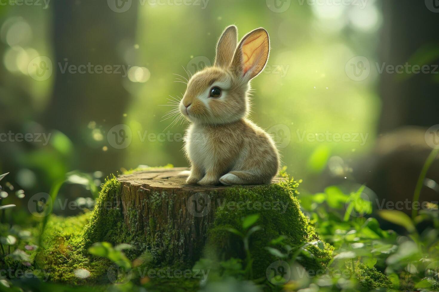 A cute little rabbit sitting on a stump in the forest photo